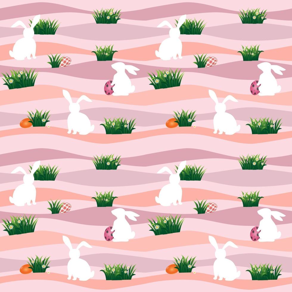 oeufs de pâques avec des lapins blancs dans le pré modèle sans couture sur fond pastel pour joyeuses fêtes, tissu, textile, impression ou papier d'emballage vecteur