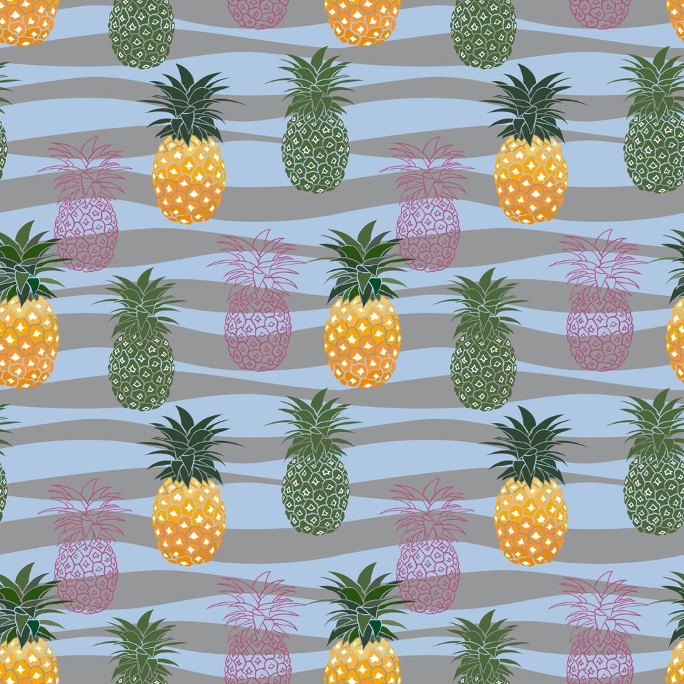 Modèle sans couture d'ananas coloré sur fond de vagues pastel, pour la mode, le tissu, le textile, l'impression ou le papier peint vecteur