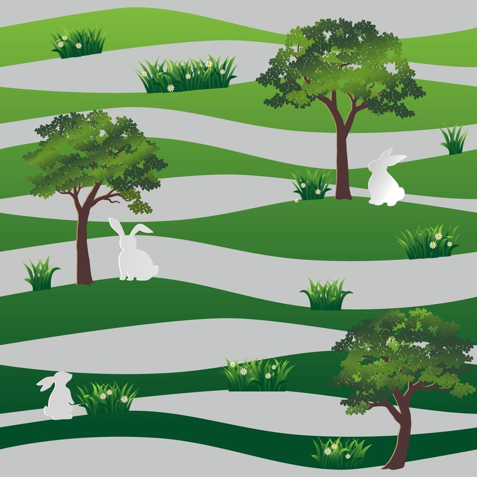 lapins blancs dans le modèle sans couture de pré sur fond ondulé vert pour joyeuses Pâques, tissu, textile, impression ou papier peint vecteur