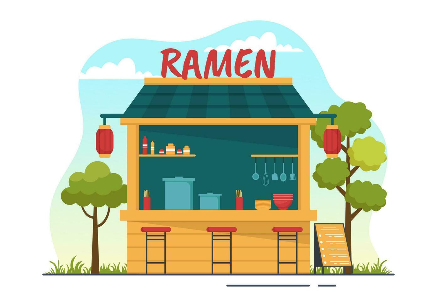 ramen vecteur illustration de Japonais nourriture avec nouille, baguettes, miso soupe, Oeuf bouilli et grillé nori dans plat dessin animé main tiré modèles