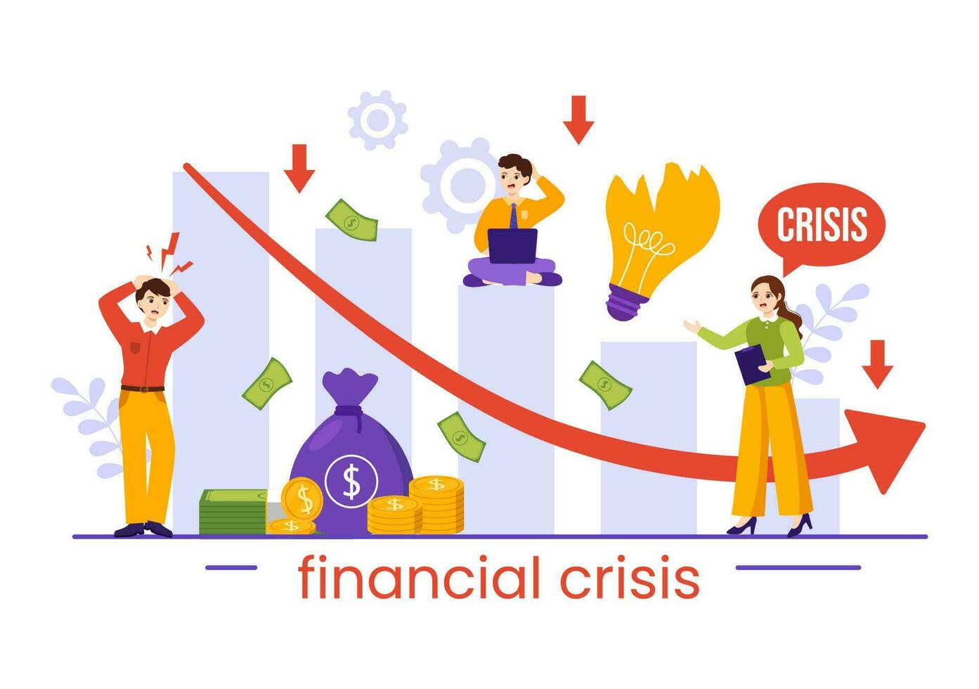 financier crise vecteur illustration avec la faillite, effondrer de le économie et Coût réduction dans plat dessin animé main tiré atterrissage page modèles