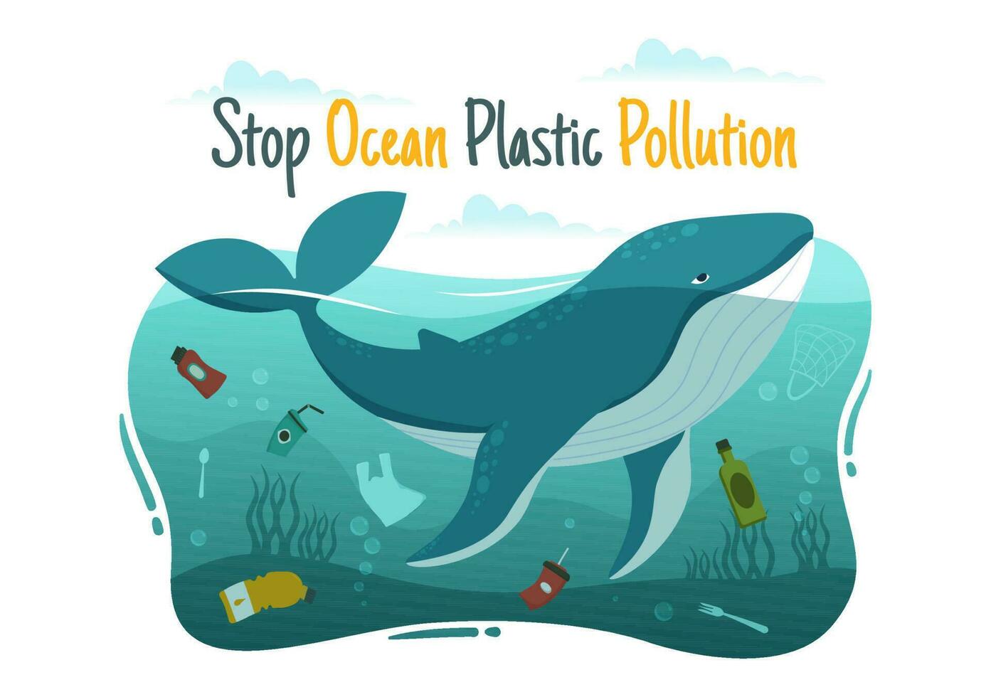 Arrêtez océan Plastique la pollution vecteur illustration avec poubelle en dessous de le mer comme une déchets sac, des ordures et bouteille dans plat dessin animé main tiré modèles