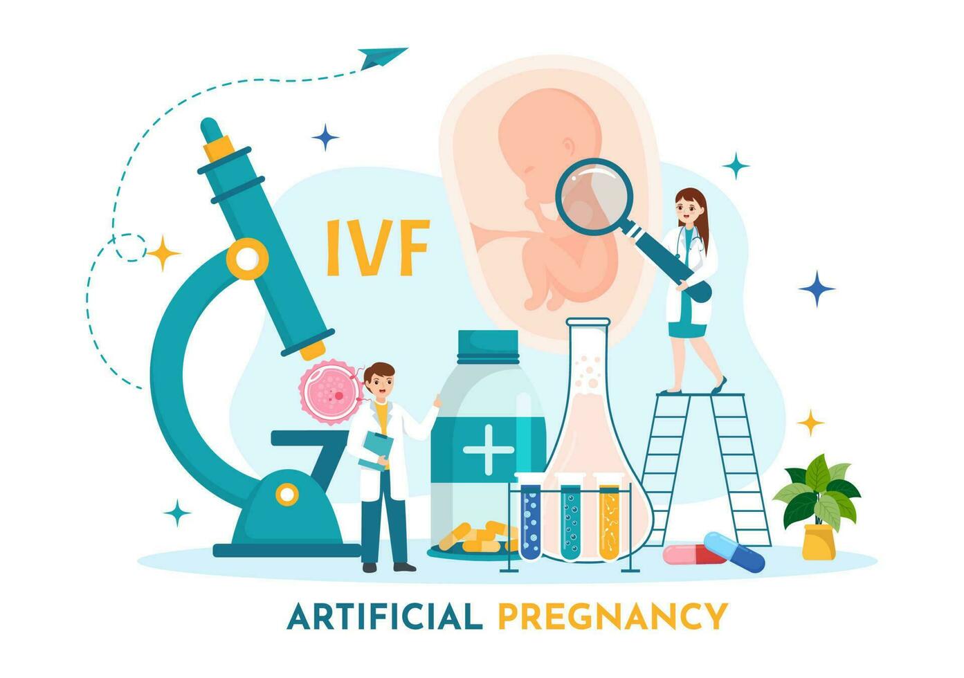 artificiel grossesse vecteur illustration avec couple après réussi embryon greffe et reproductologie santé dans dessin animé main tiré modèles