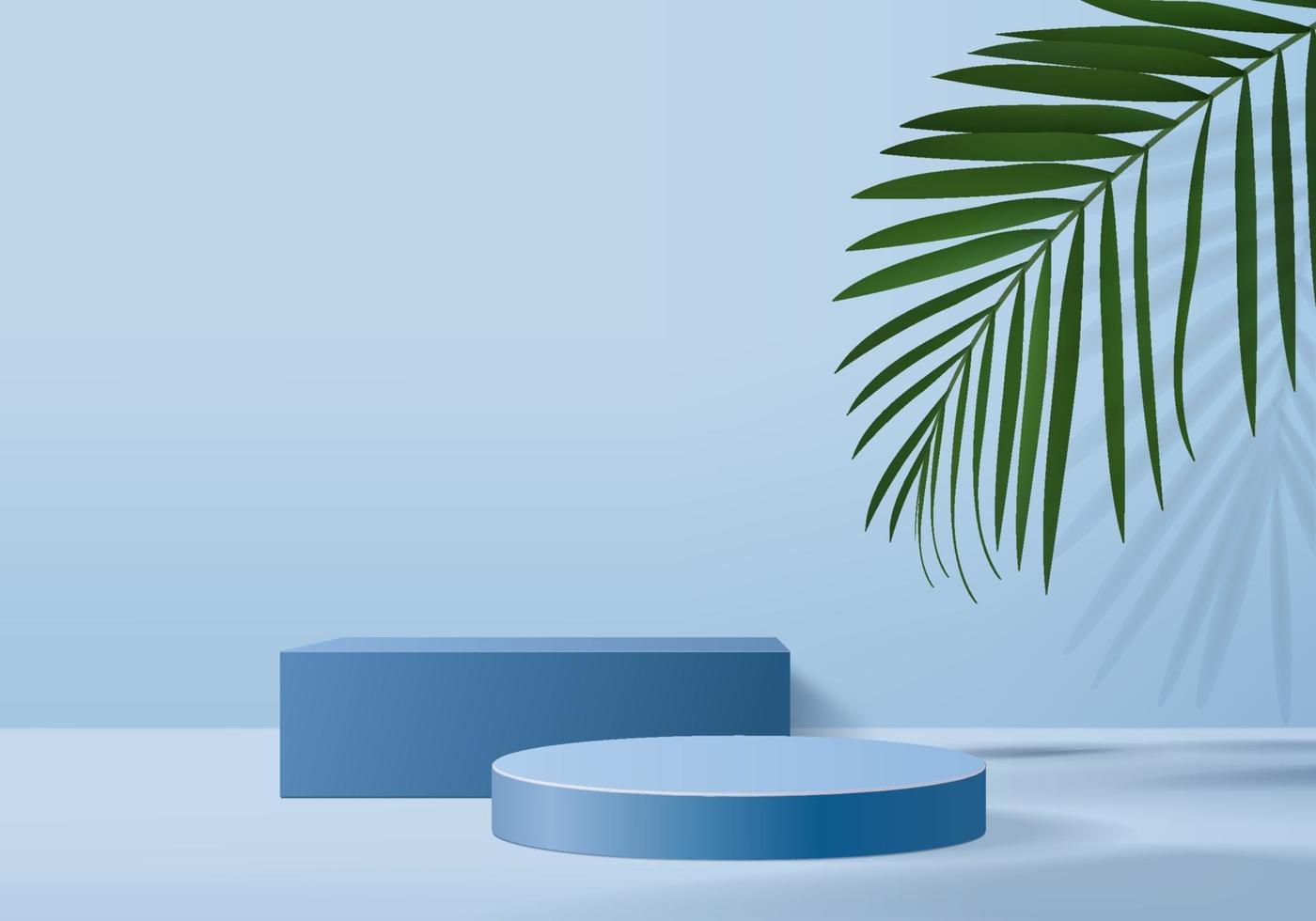 Les produits de fond 3D affichent la scène du podium avec la feuille verte fond de plate-forme géométrique vecteur de rendu 3d avec le support de podium pour montrer la vitrine de la scène des produits cosmétiques sur le piédestal studio bleu