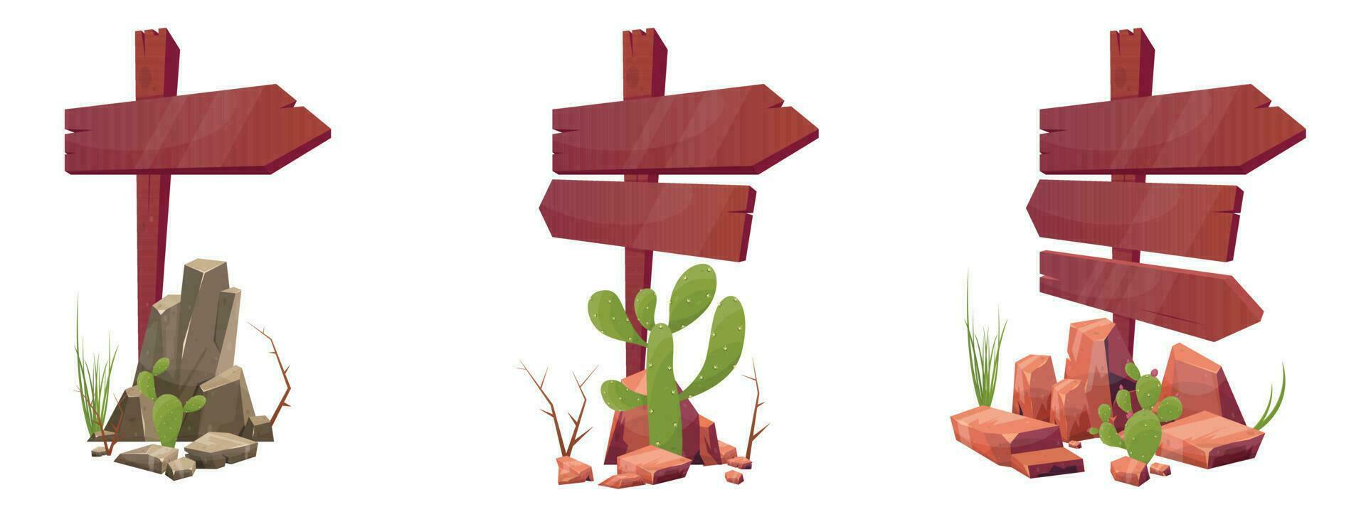 en bois directionnel signe planches avec désert rochers et les plantes dans dessin animé style vecteur illustration isolé sur blanc