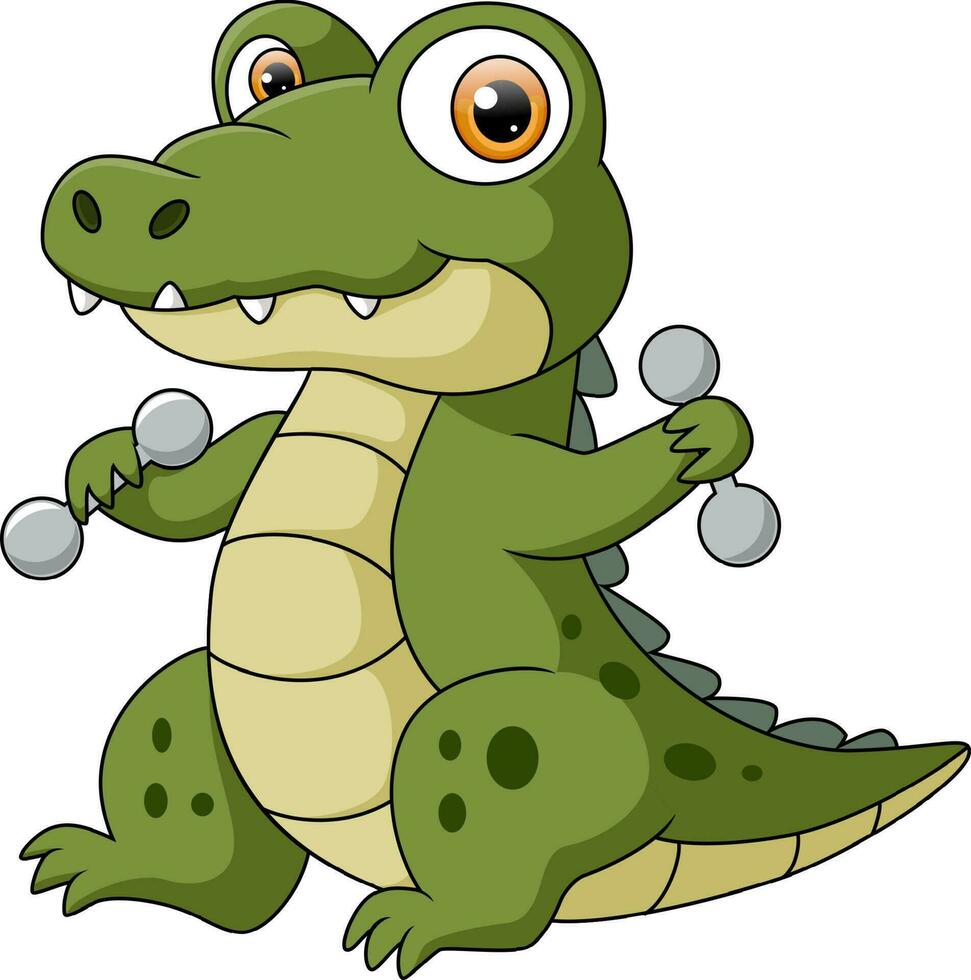 mignonne bébé crocodile dessin animé levage haltère vecteur