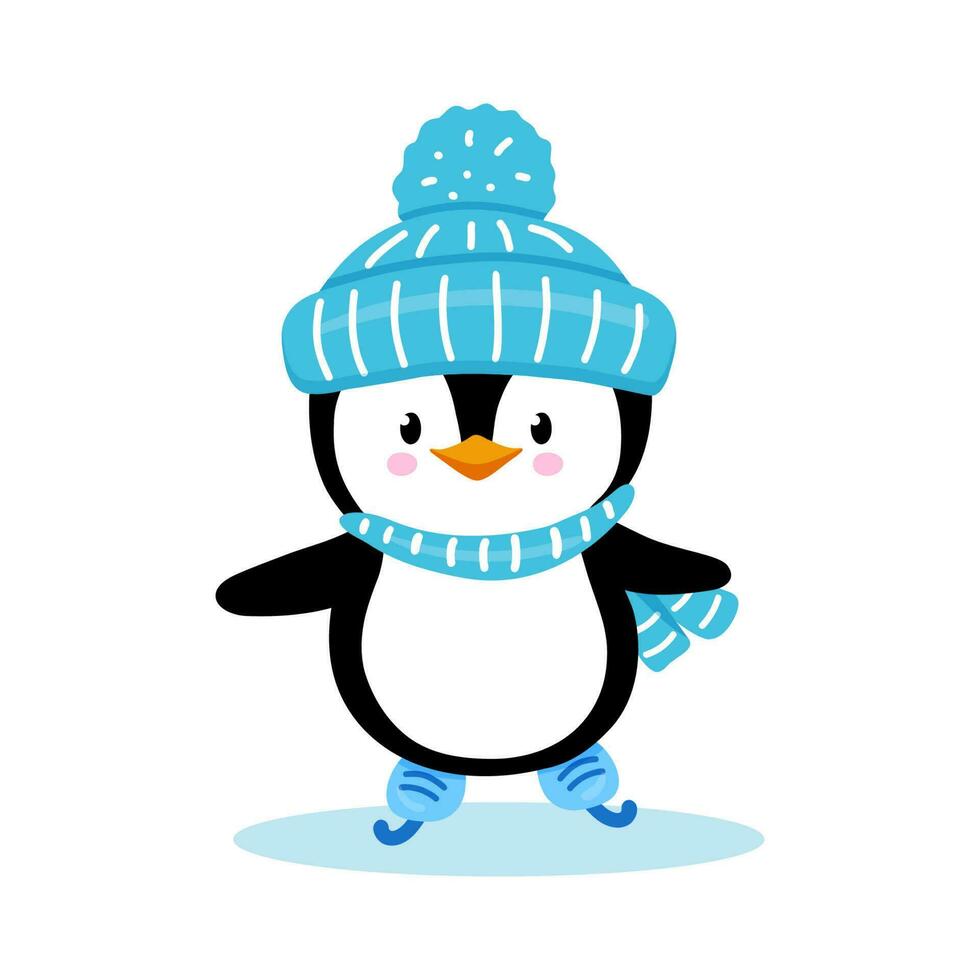 manchot enfant dans chapeau et écharpe patins sur la glace dans l'hiver. mignonne manchot patineur isolé sur blanc Contexte. puéril vecteur personnage.