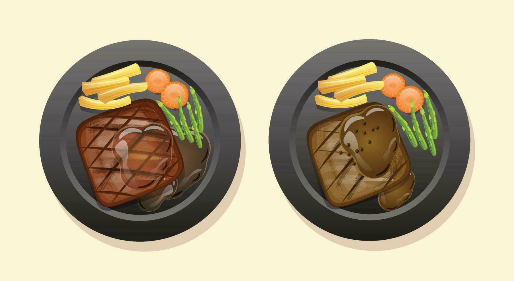 juteux savoureux steak sur une noir assiette vecteur illustration