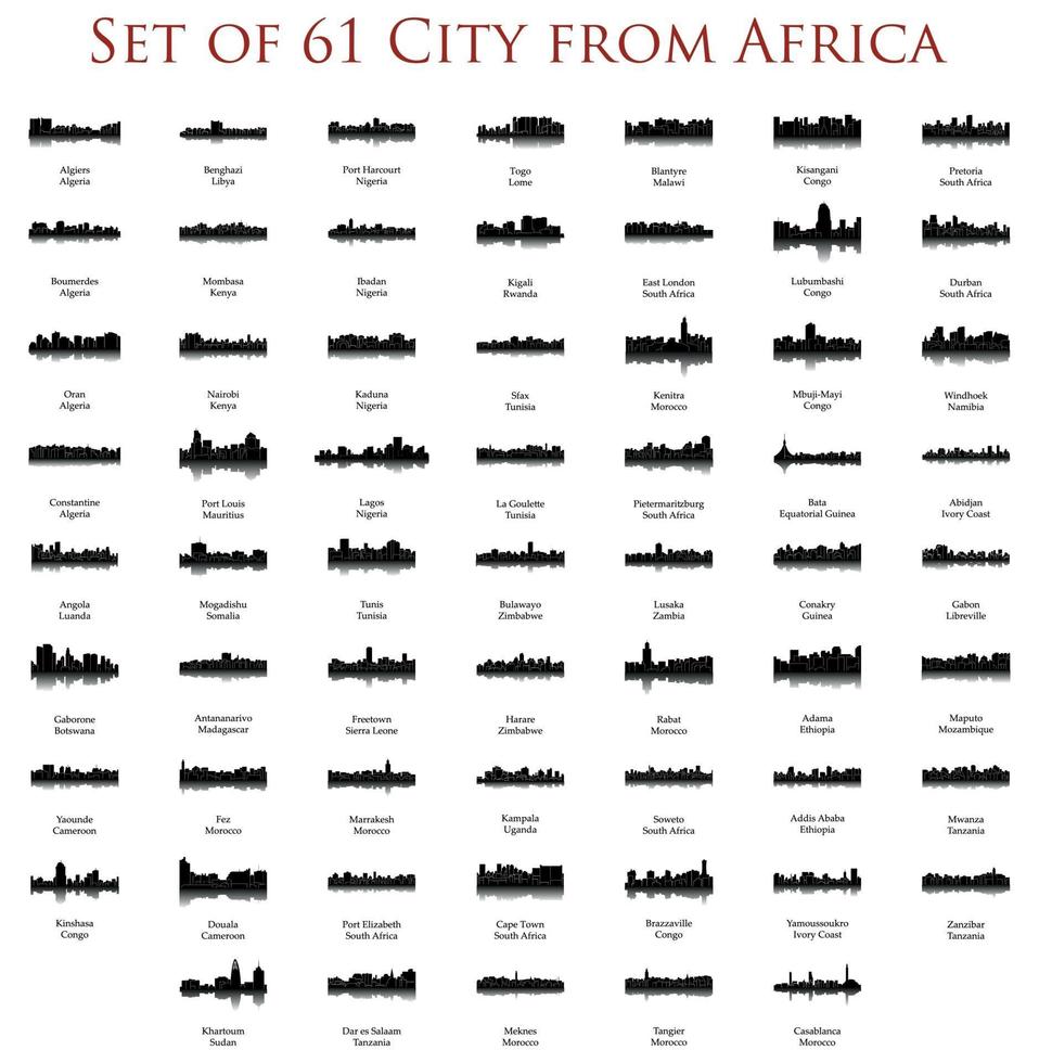 ensemble de 60 silhouettes de ville d'Afrique vecteur