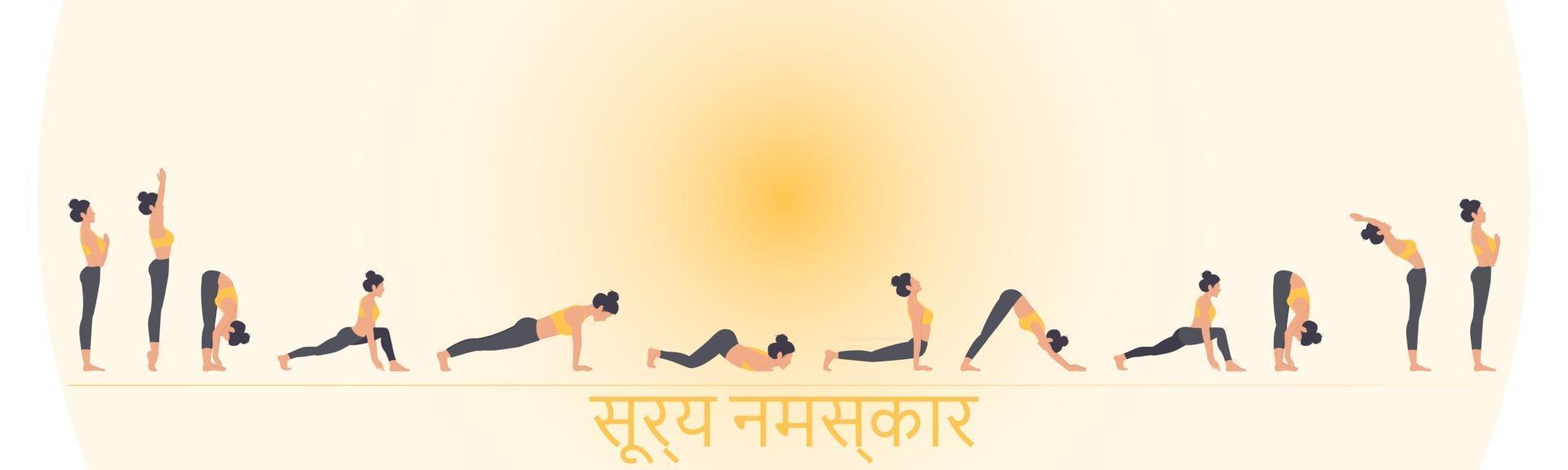 Bannière de vecteur long surya namaskar isolé sur fond blanc ensemble de poses de yoga