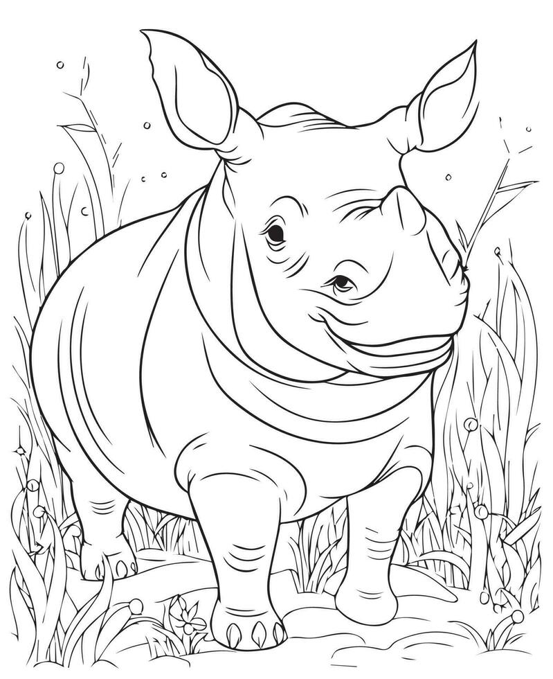 noir et blanc dessin animé illustration de rhinocéros animal, vecteur coloration page de rhinocéros. coloration page pour des gamins et adultes. impression conception, T-shirt conception, tatouage conception, mural art.