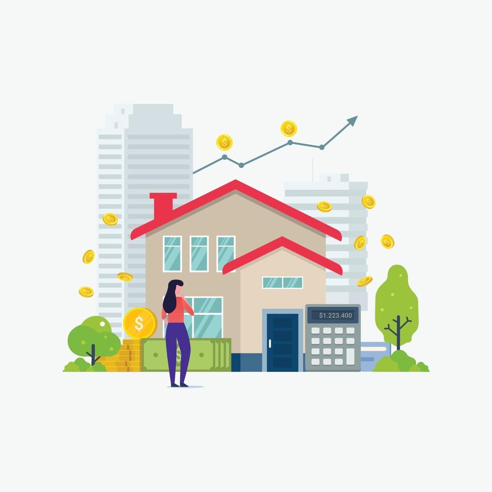 investissement immobilier femme analyse des bénéfices de l & # 39; illustration vectorielle de concept de conception immobilière vecteur