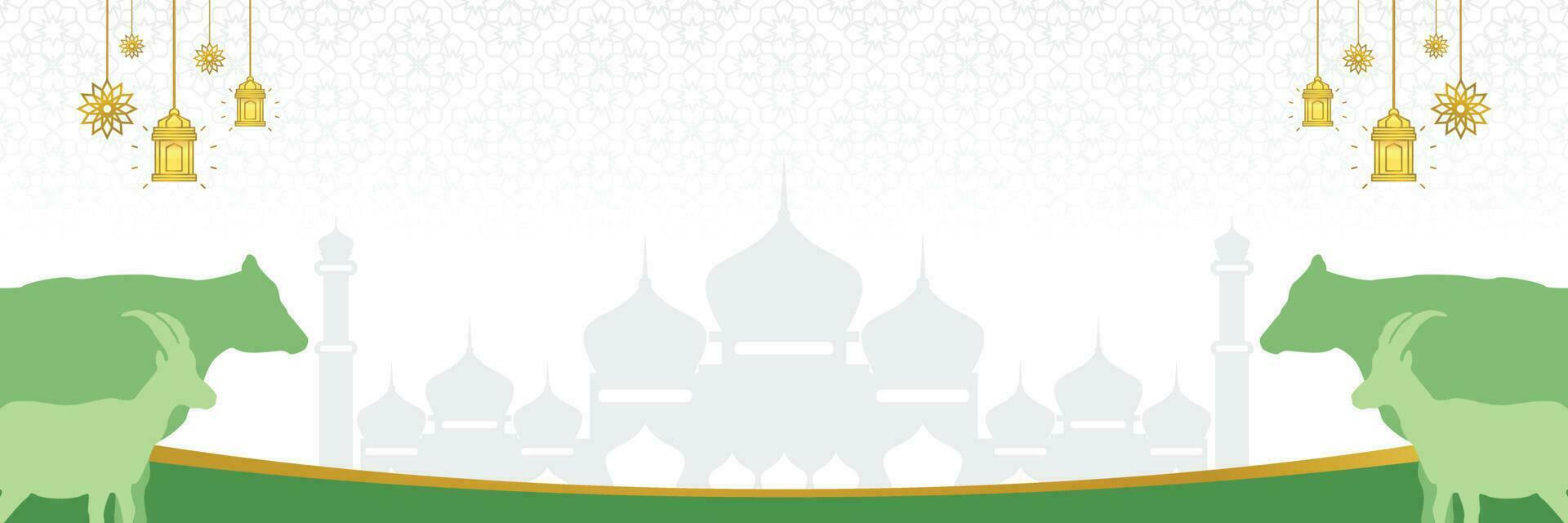 islamique Contexte pour eid al adha, avec mosquée, mandala, vache et chèvre Icônes. bannière modèle avec vide espace pour texte. qurban journée vecteur illustration