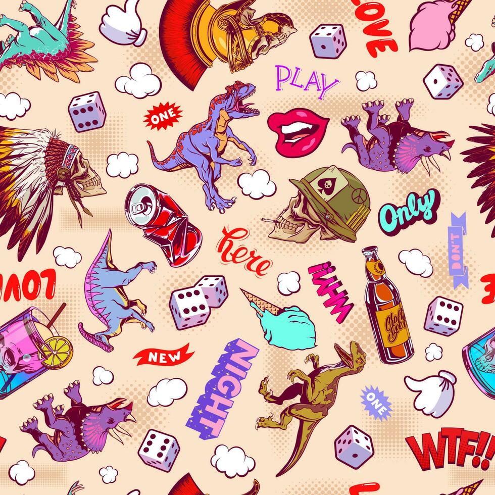 pop art modèle avec dinosaures, crânes, dé pour impression et conception. vecteur illustration.