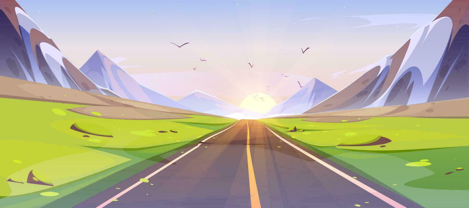 route et Montagne vue lever du soleil paysage dessin animé vecteur
