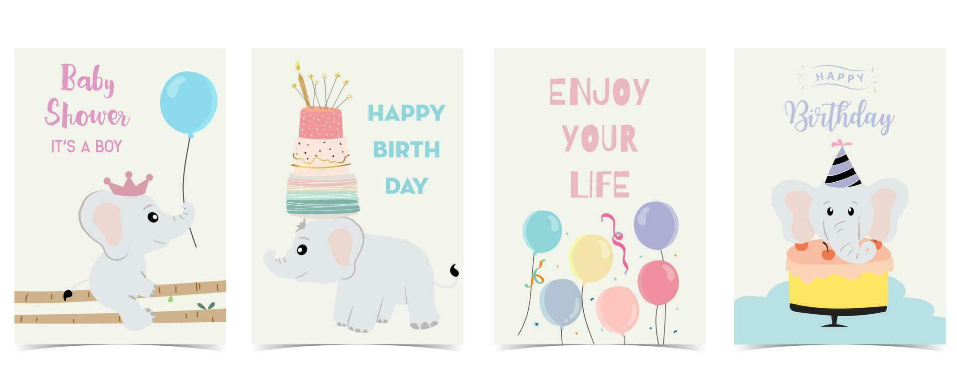 bébé l'éléphant conception avec gâteau, ballon, nuage pour anniversaire carte postale vecteur