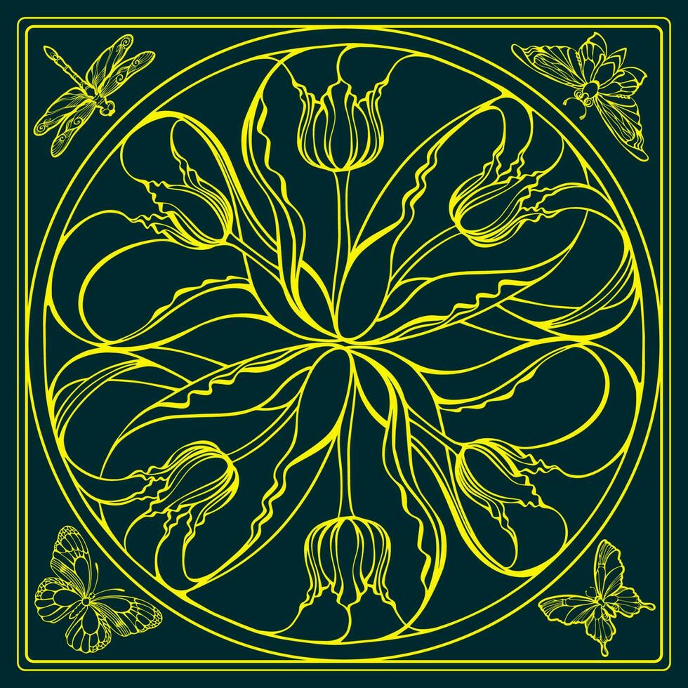 botanique carré modèle avec tulipes et papillons. mandala. vecteur illustration.