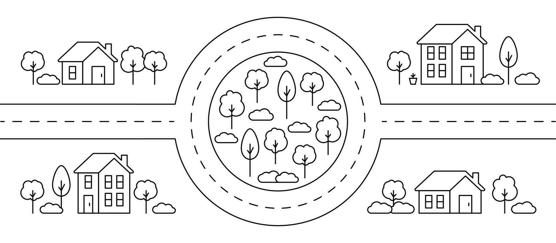 Maisons et carte de route, ligne art. paysage urbain, rue bâtiment, réel biens architecture, appartement. façade Accueil dans pays ville paysage. vecteur illustration