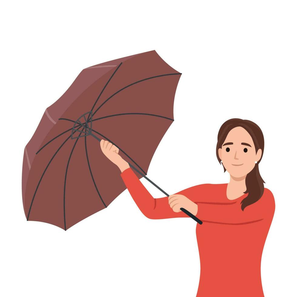 Jeune femme ouverture parapluie dans pluie. l'automne ou printemps saison, pluvieux venteux temps vecteur