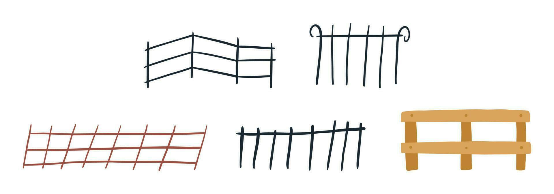 main tiré clôtures ensemble, dessin animé plat vecteur illustration isolé sur blanc Contexte. divers clôtures pour jardin et ville extérieur. ferme et campagne éléments.