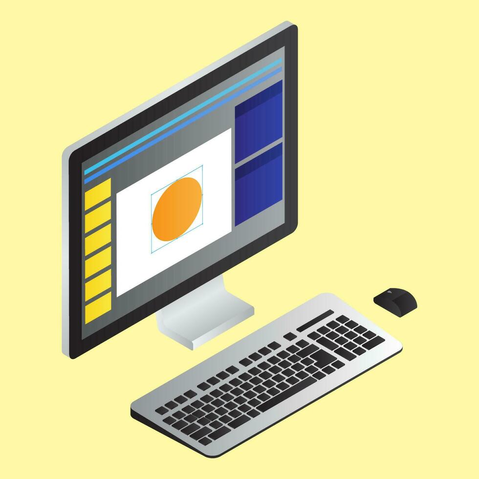 la toile conception app sur ordinateur écran avec clavier et Souris sur Jaune Contexte dans 3d style. vecteur