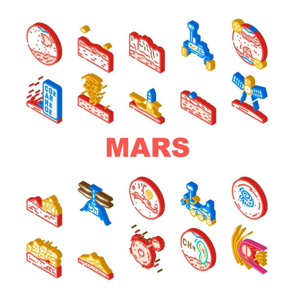 Mars planète science espace cosmos Icônes ensemble vecteur