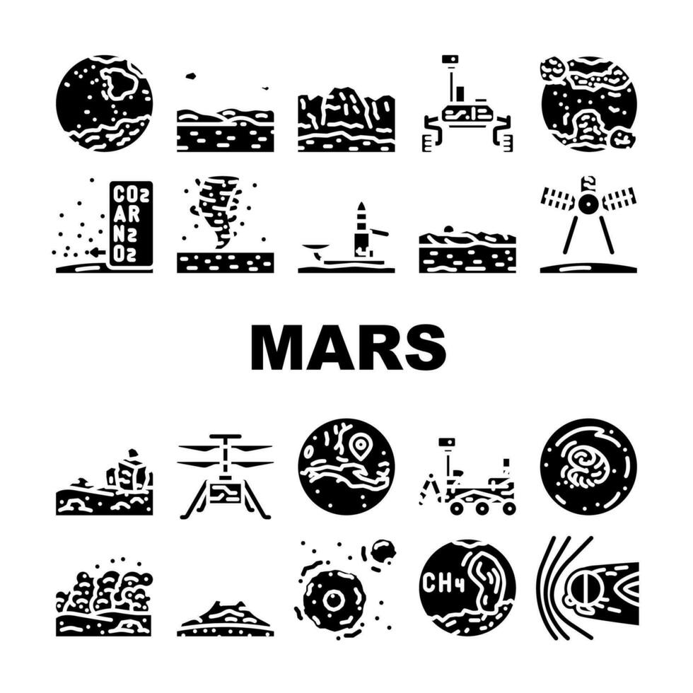 Mars planète science espace cosmos Icônes ensemble vecteur