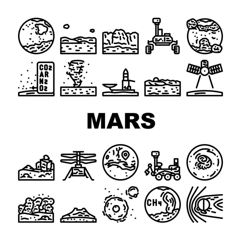 Mars planète science espace cosmos Icônes ensemble vecteur