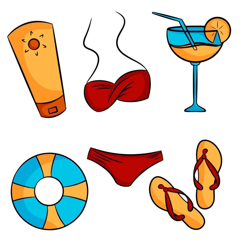 ensemble d & # 39; éléments d & # 39; été bouée de sauvetage cocktail maillot de bain crème solaire tongs illustration vectorielle style de dessin animé vecteur