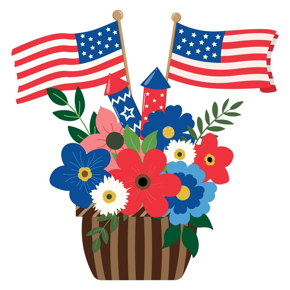 patriotique fleurs bouquet avec feux d'artifice et drapeaux illustration. isolé sur blanc Contexte. 4e de juillet à thème conception vacances carte. vecteur