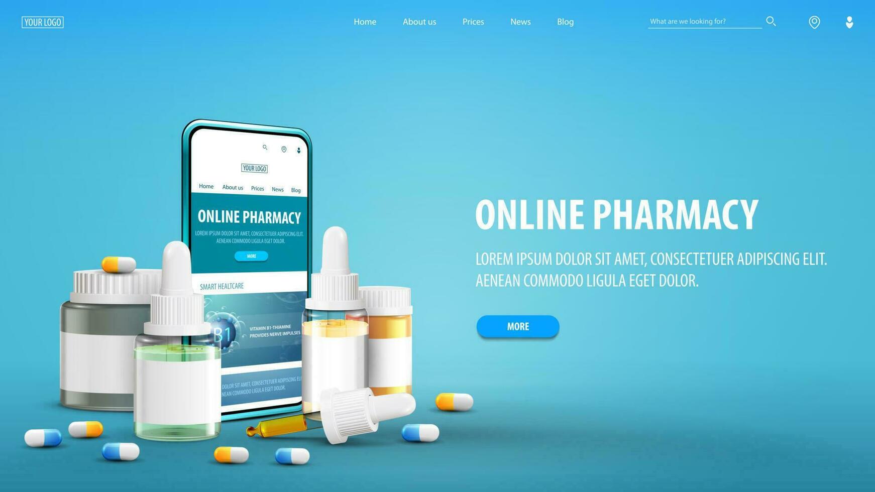 en ligne pharmacie, bannière avec téléphone intelligent, médicaments et interface éléments vecteur