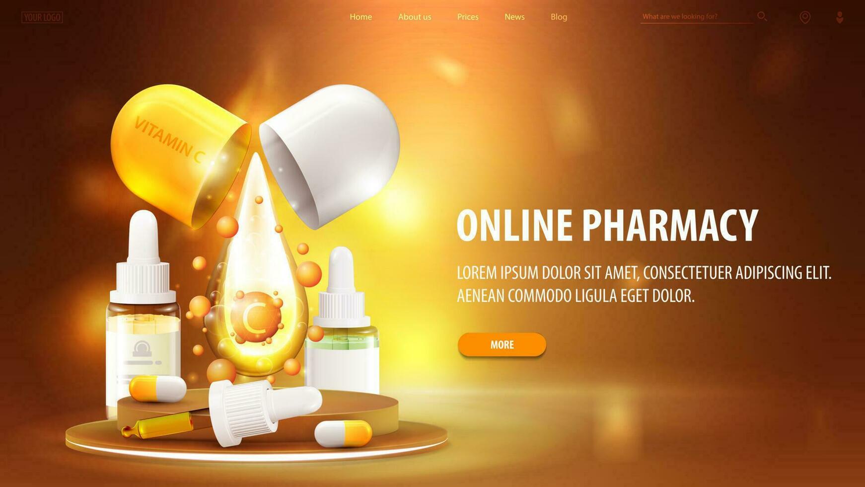 en ligne pharmacie, Orange bannière avec or podium avec médicaments et vitamines sur foncé et or Contexte vecteur