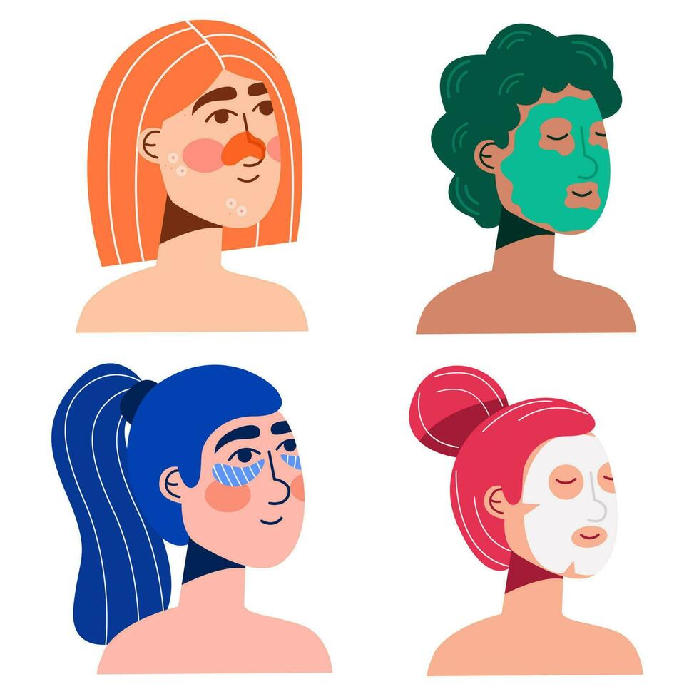 ensemble de femme avec le différent peau problème. du quotidien activité routine. soin de la peau procédure, dermatologie traitement, cosmétologie produit, clair affronter, peau beauté. vecteur