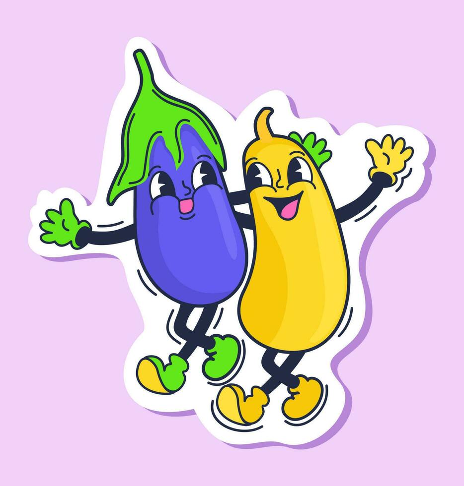 aubergine et courgette. rétro dessin animé autocollant. vecteur