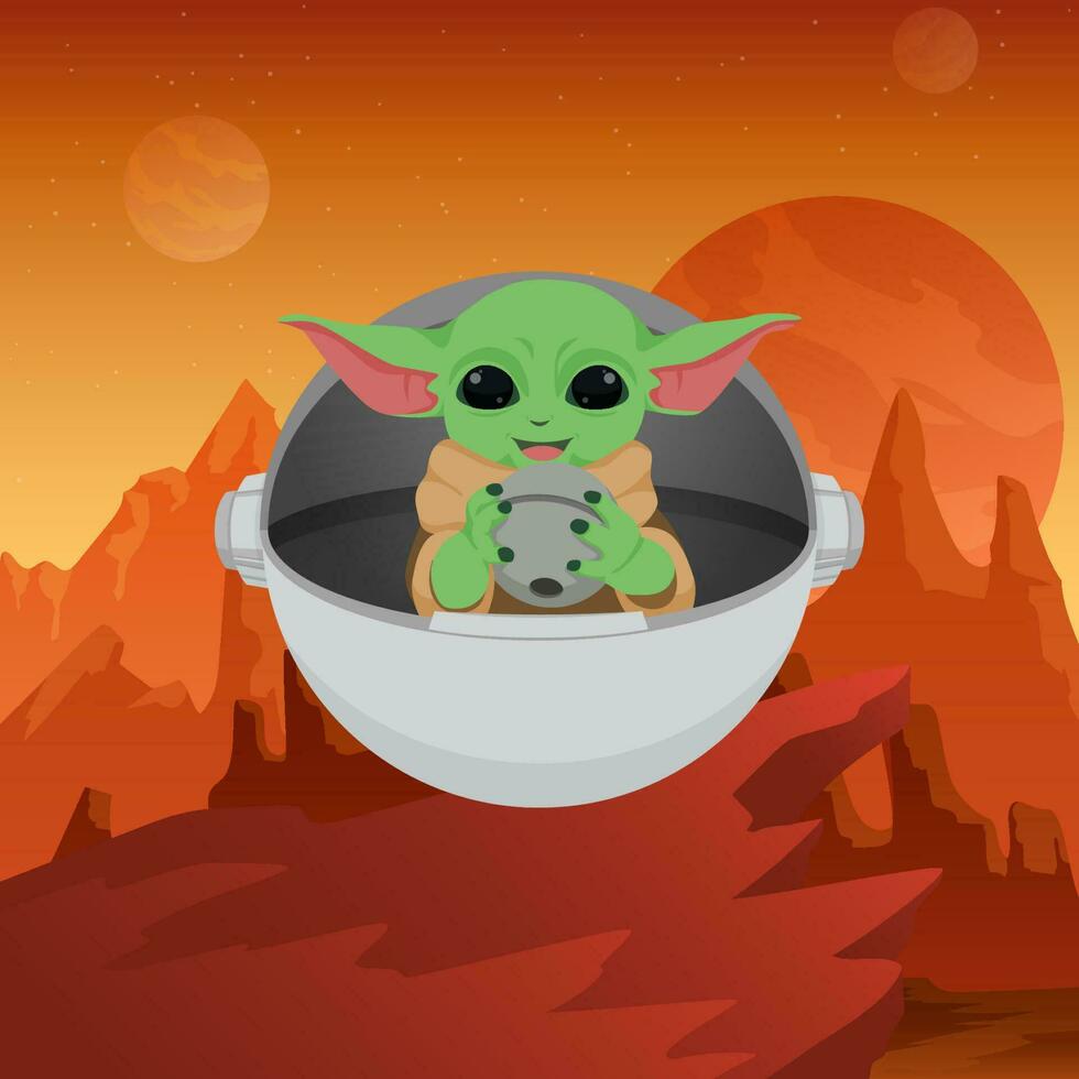 vert extraterrestre bébé tenir un le fer Balle dans le sien vaisseau spatial vecteur