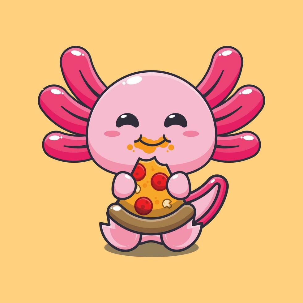 axolotl en mangeant Pizza dessin animé vecteur illustration.