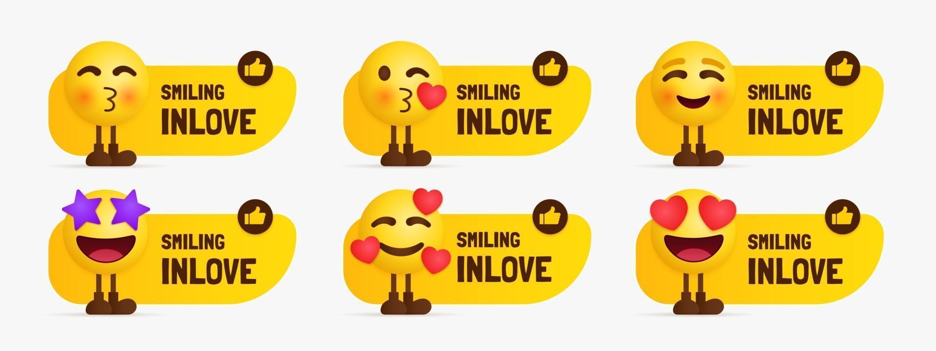 ensemble de caractères emoji inlove debout avec étiquette de texte vecteur