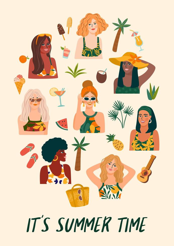 illustration vectorielle de femmes en maillot de bain sur la plage tropicale vecteur