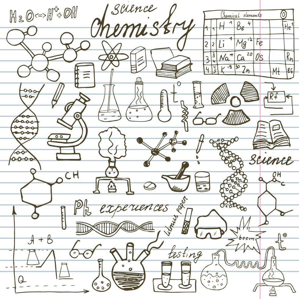éléments de chimie et de science doodles icônes définies croquis dessinés à la main avec des formules de microscope expériences outils d'analyse de l'équipement illustration vectorielle vecteur