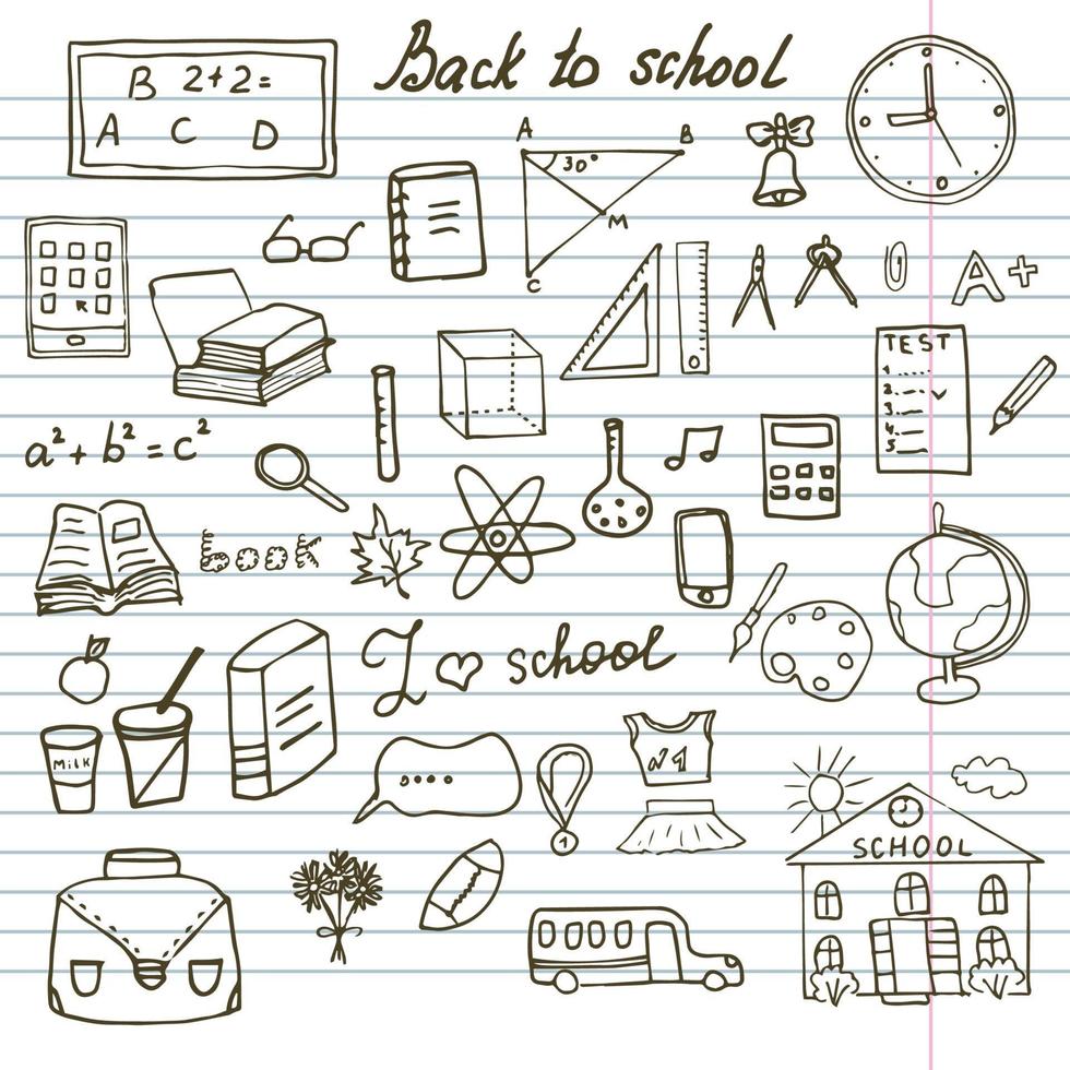 Retour aux fournitures scolaires doodles cahier sommaires serti de lettrage éléments de conception d'illustration vectorielle dessinés à la main sur carnet de croquis vecteur