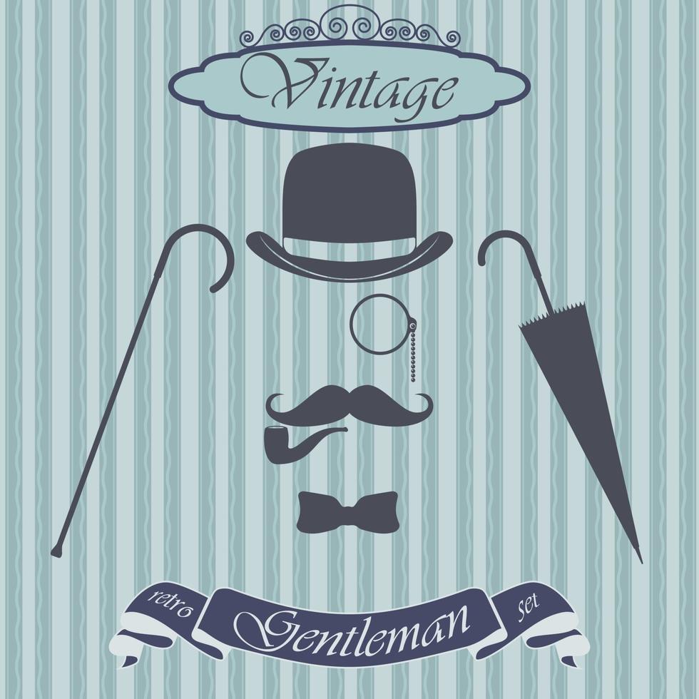 éléments rétro gentleman mis melon moustache tabac pipe monocle canne et parapluie vecteur