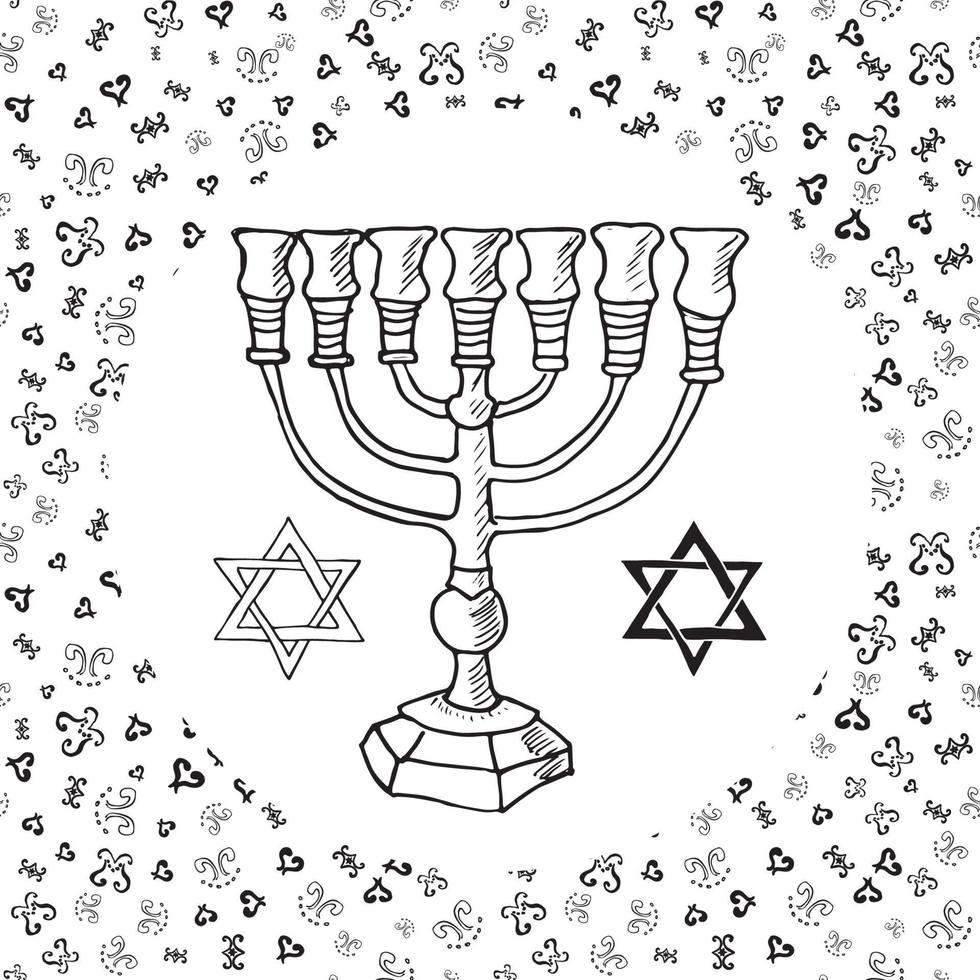 Croquis dessiné à la main de la menorah symboles religieux juifs traditionnels rosh hashanah hanukkah shana tova illustration vectorielle sur motif ornemental vecteur