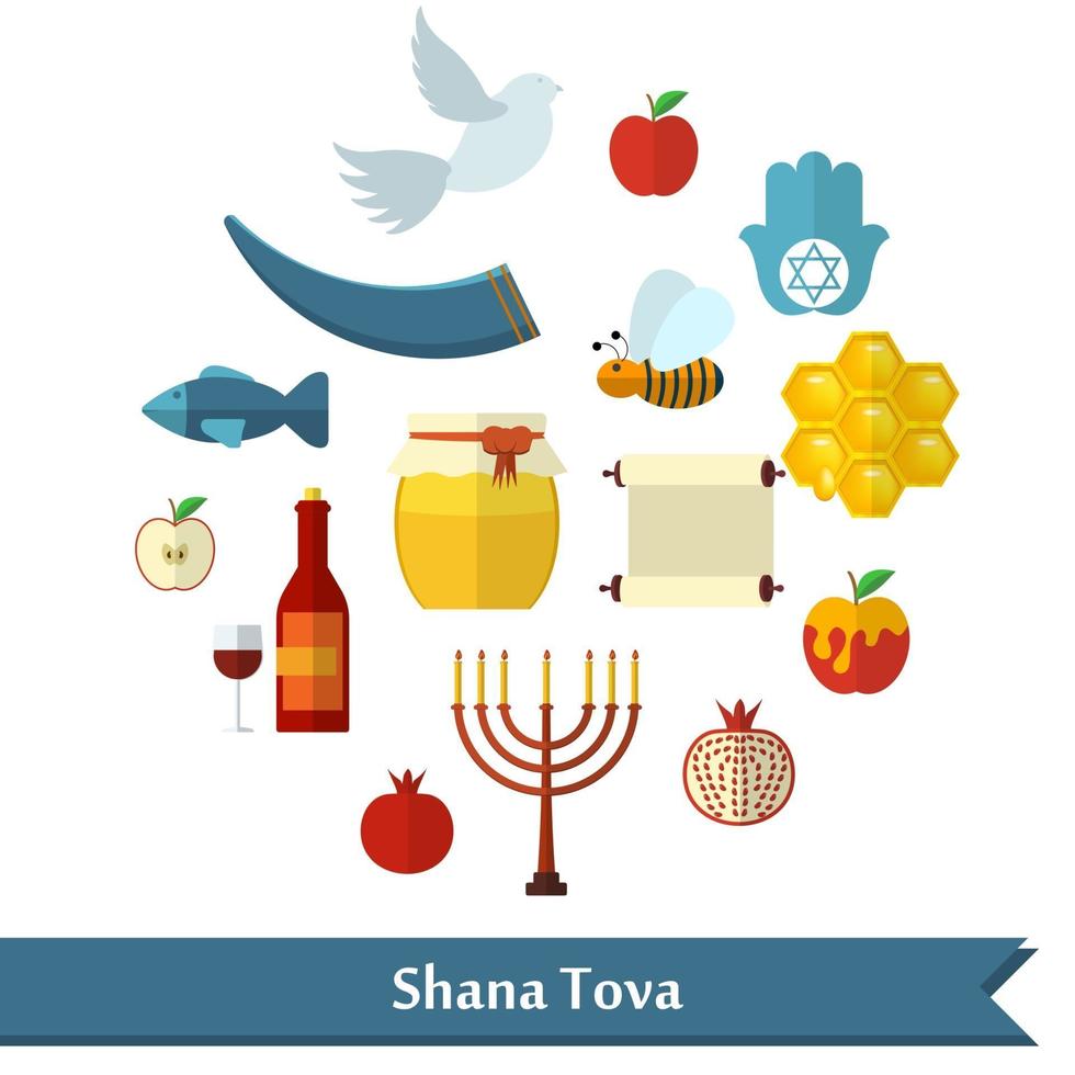 rosh hashanah shana tova ou nouvel an juif icônes vectorielles plat sertie de bouteille de miel pomme poisson abeille torah et autres articles traditionnels en forme ronde vecteur