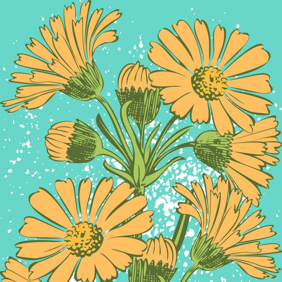 joliment arrangé bouquet de fleurs.dessinées Jaune chrysanthème fleurs artistique vecteur illustration. floral botanique mariage ornement branché modèle conception avec aquarelle vaporisateur sur cyan Contexte