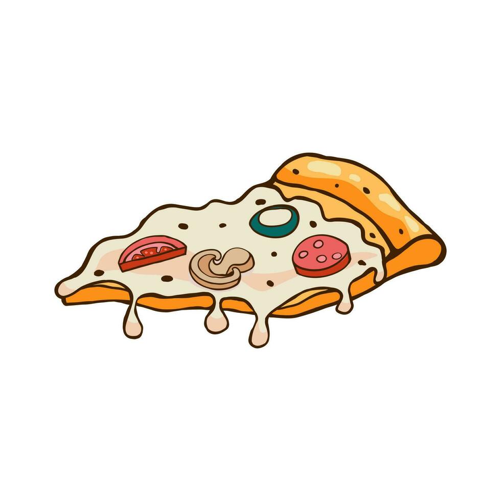 Pizza tranche avec fromage, salami et champignons. vecteur illustration