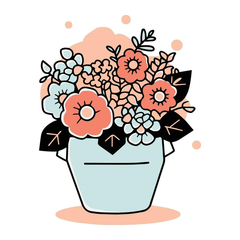 main tiré bouquet de fleurs dans une pot dans griffonnage style vecteur