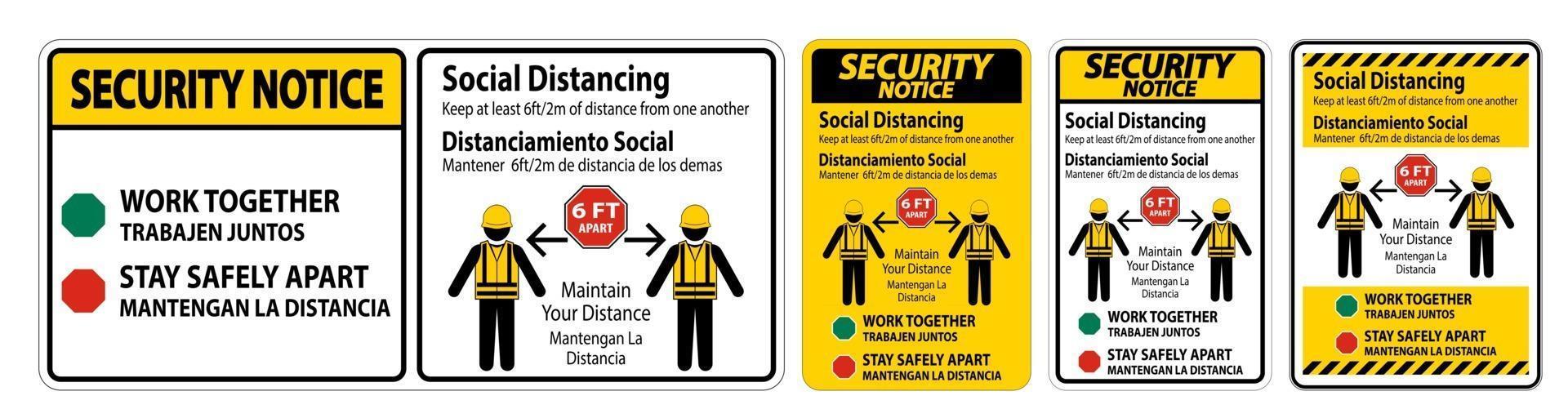 Avis de sécurité signe de construction de distance sociale bilingue vecteur
