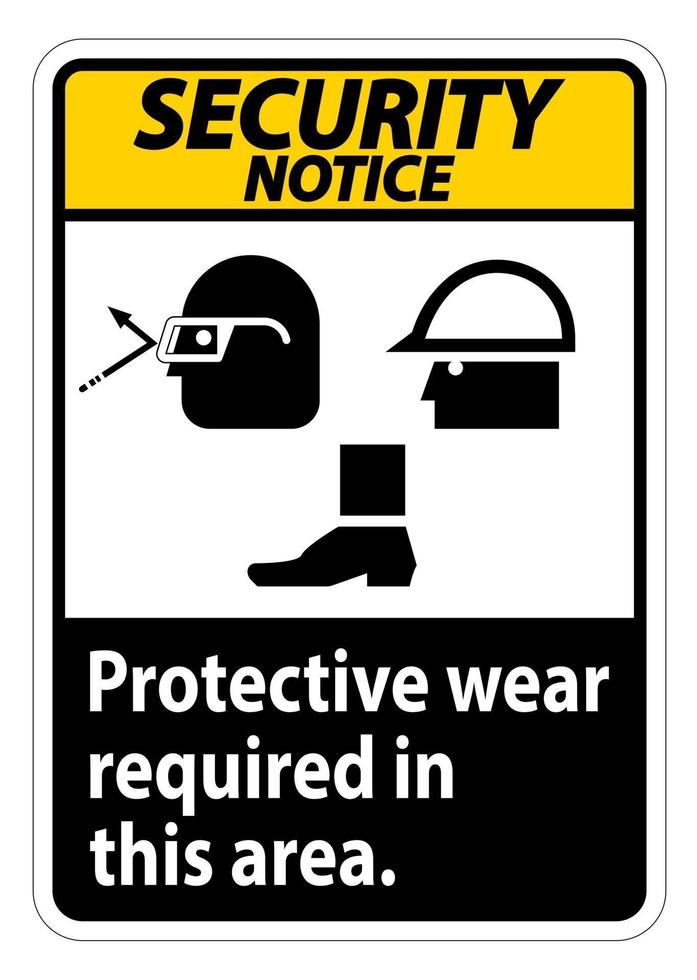 Avis de sécurité signe un port de protection est requis dans ce domaine avec des lunettes de protection casque et des symboles de bottes sur fond blanc vecteur
