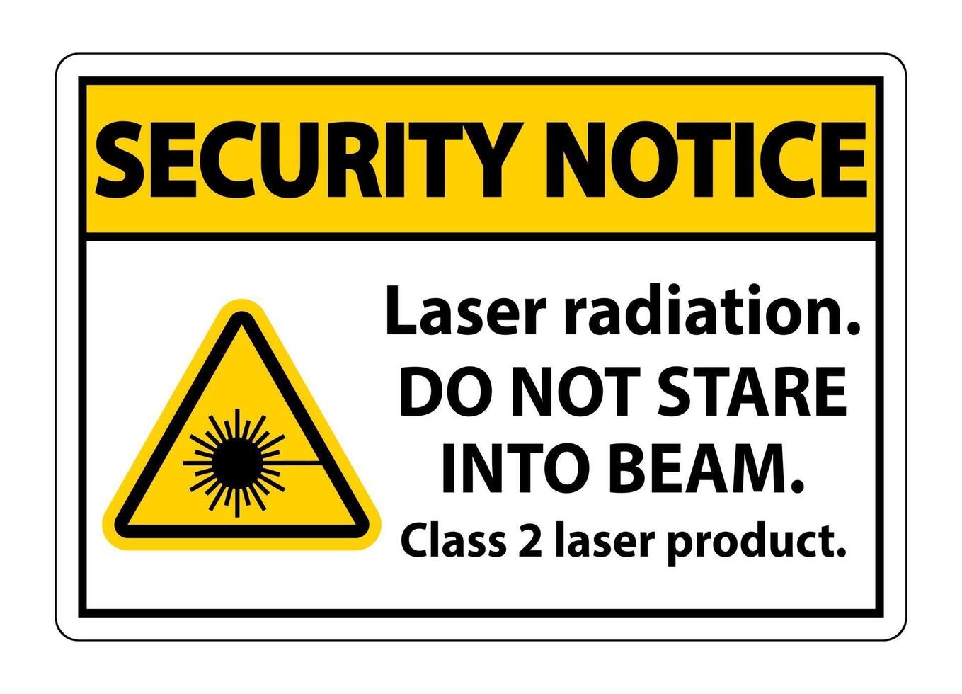 Avis de sécurité rayonnement laser ne pas regarder dans le faisceau laser de classe 2 signe produit sur fond blanc vecteur