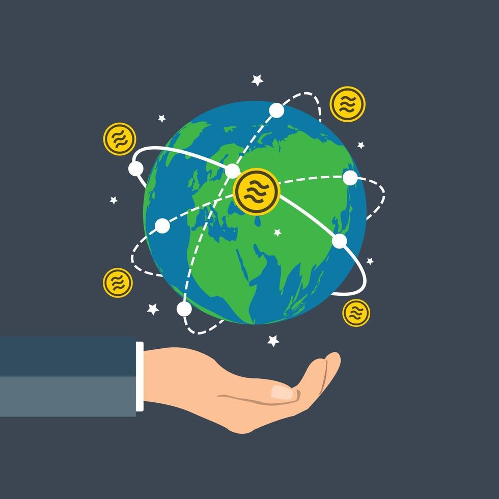Businessman holding globe terrestre Balance concept de pièce de monnaie graphique de croissance hand holding bitcoin spin autour du monde vecteur